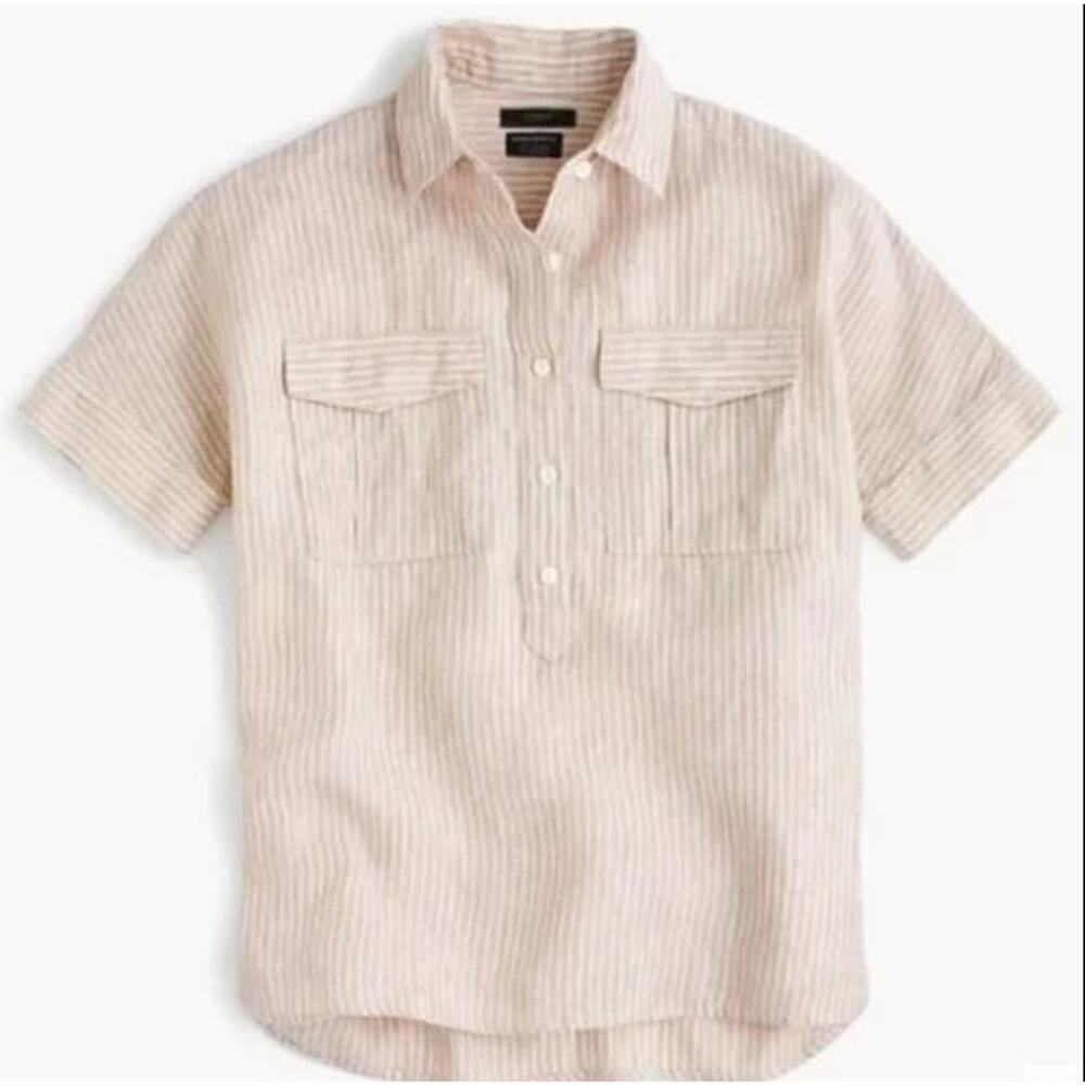 J. Crew x Baird McNutt Tan Striped Linen Short Sleeve Top - Picture 2 of 11
